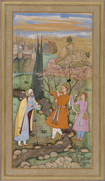 Salim Quli, Indian (active ca. 1590-1605), attributed to Lal, Indian (active ca. 1590-1605), Calligrapher: Fakir Ali, Indian (active ca. 1590-1605). <em>Leaf from the Muraqqa Gulshan: The Poet and the Prince</em> (recto) <em>Calligraphy</em> (verso), 1595-1597, Agra or Allahabad (Mughal), Akbar period (1556-1605).